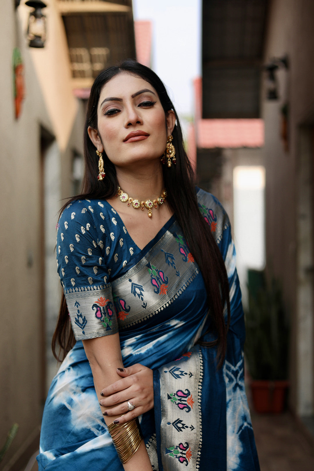 Firoji Color Soft Dola Silk Saree With Shibori Print & Zari Weaving Work