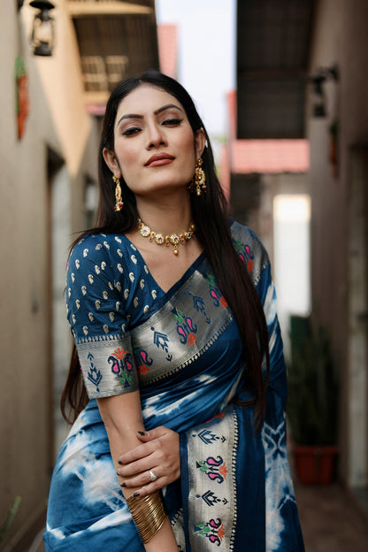 Firoji Color Soft Dola Silk Saree With Shibori Print & Zari Weaving Work