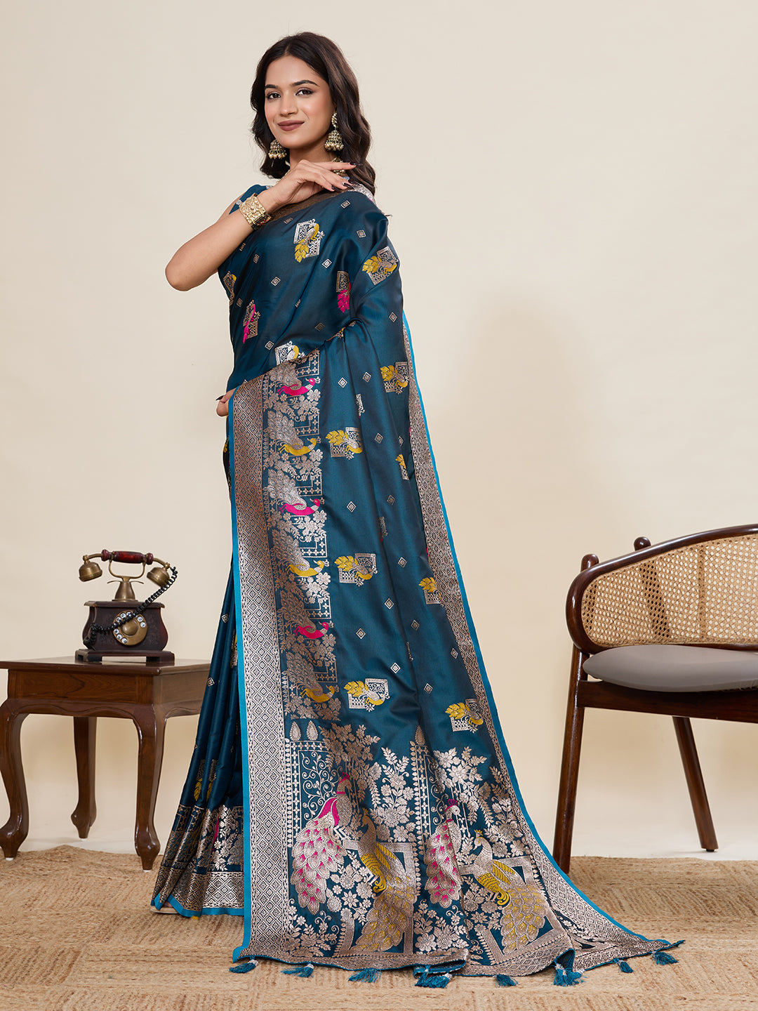 Firoji Soft Satin Silk Saree With Zari Weaving Work And Paithani Pallu