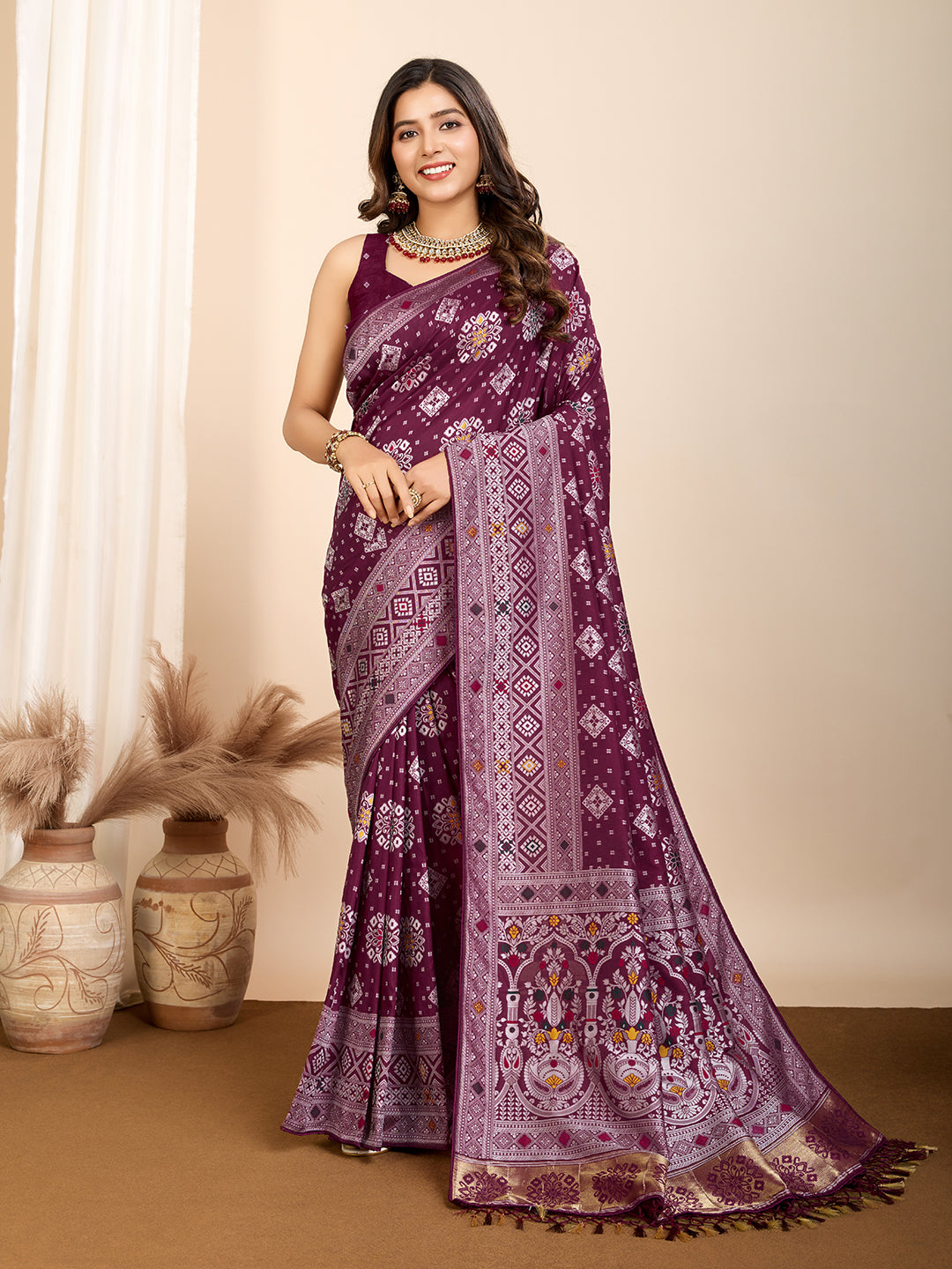 Wine Traditional Muslin Dola Silk Saree With Meenakari Zari Weaving Work