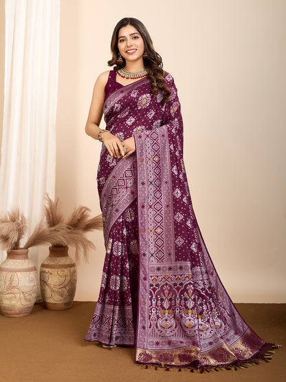 Wine Traditional Muslin Dola Silk Saree With Meenakari Zari Weaving Work