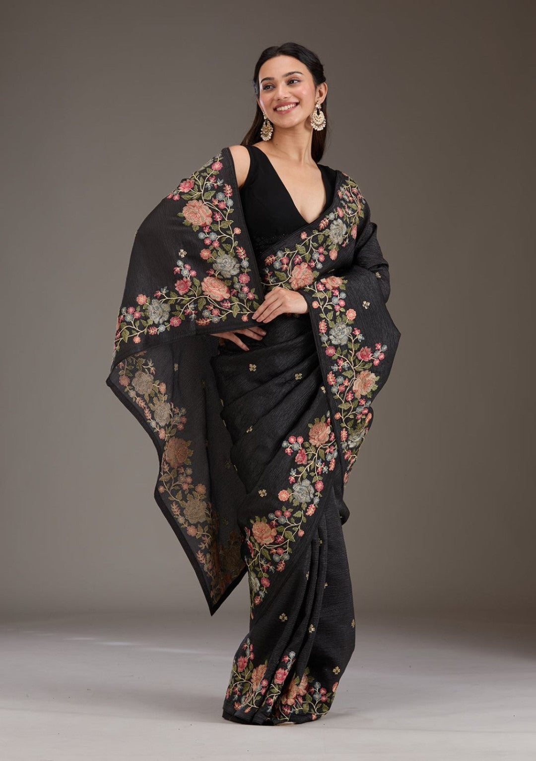 Black Fancy Crunchy Silk Saree With Multi Thread Work And Piping Lace Border