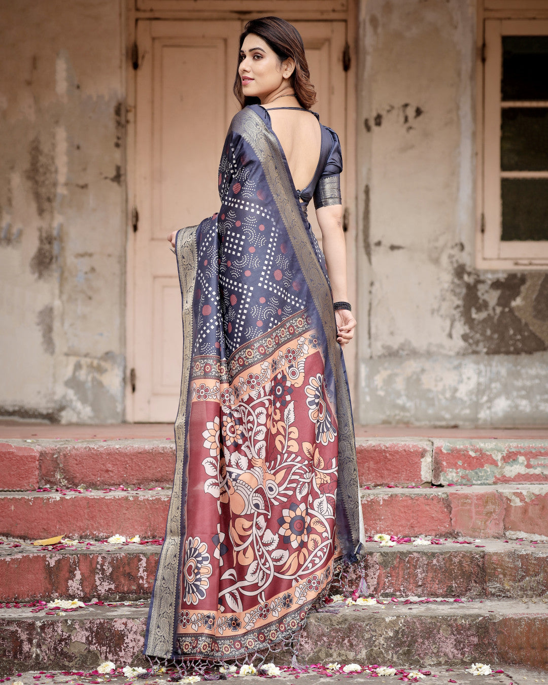 Blue Kalamkari Digital Printed Dola Silk Saree With Gold Zari Border
