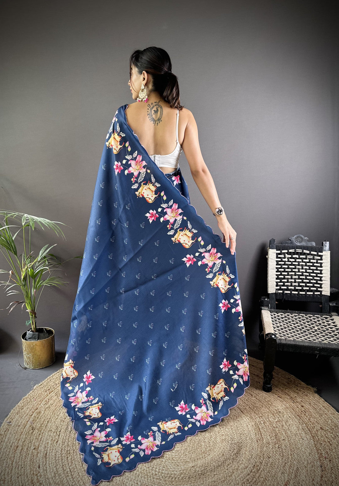 Blue Gadhwal Silk Saree With Pichwai Print And Embroidery Cut Work