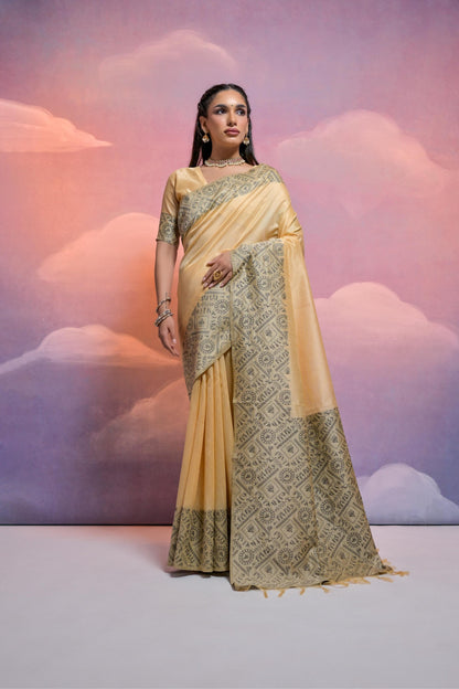 Beige Color Handloom Raw Silk Saree With Contrast Weaving Work