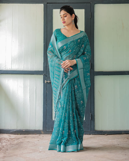 Rama Green Soft Linen Cotton Saree With Digital Printed Work
