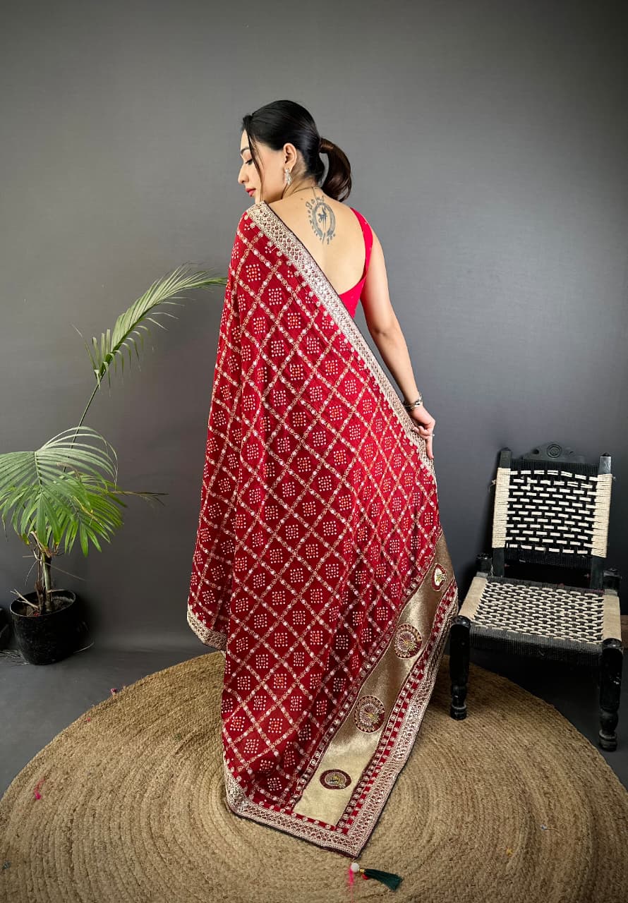Maroon Traditional Blooming Vichitra Khadi Bandhej Silk Saree With Sequence Work