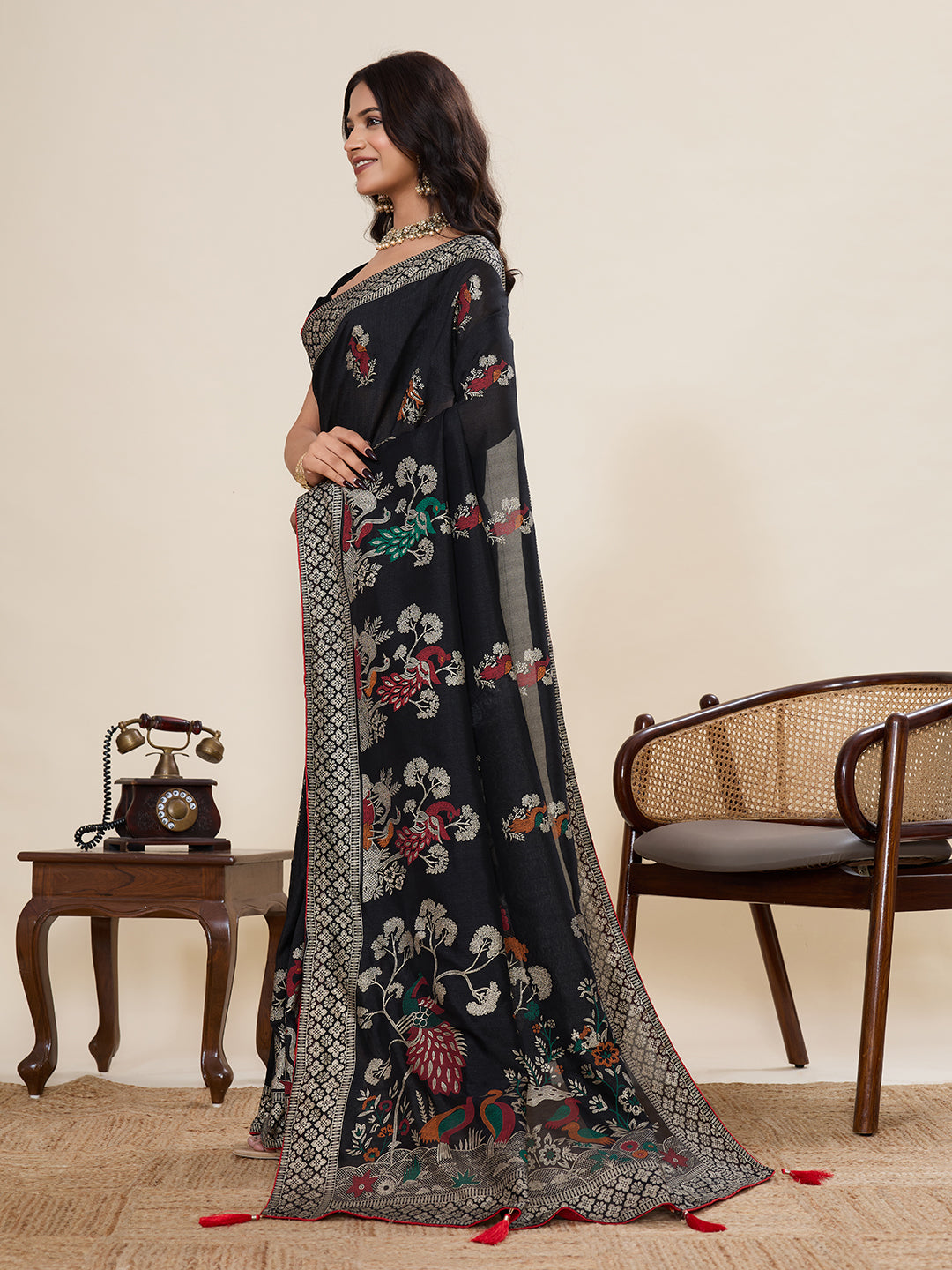 Black Cotton Saree With Table Printed And Foil Work With Pipeing Border