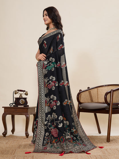 Black Cotton Saree With Table Printed And Foil Work With Pipeing Border