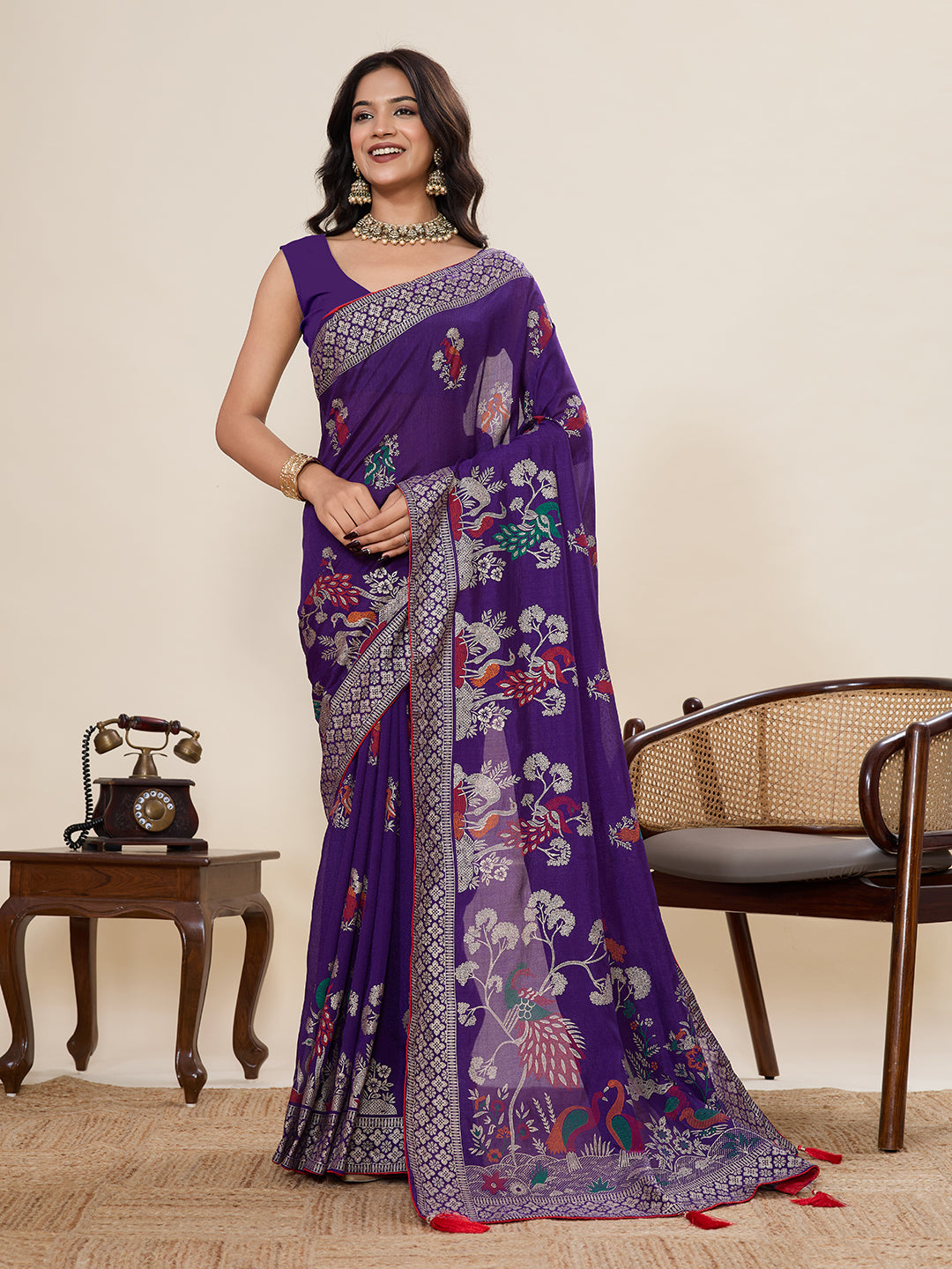 Purple Cotton Saree With Table Printed And Foil Work With Pipeing Border