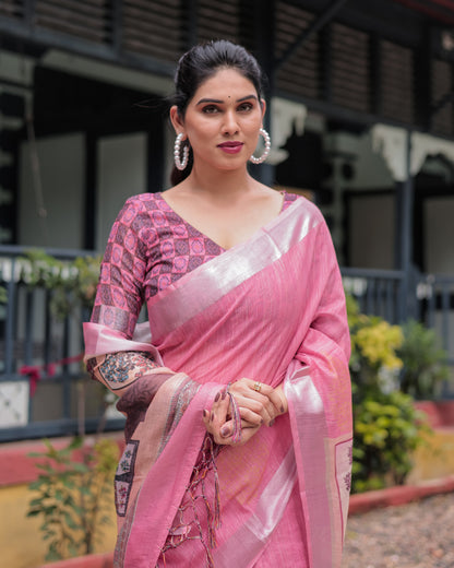 Baby Pink Soft Linen Cotton Saree With Digital Printed Work