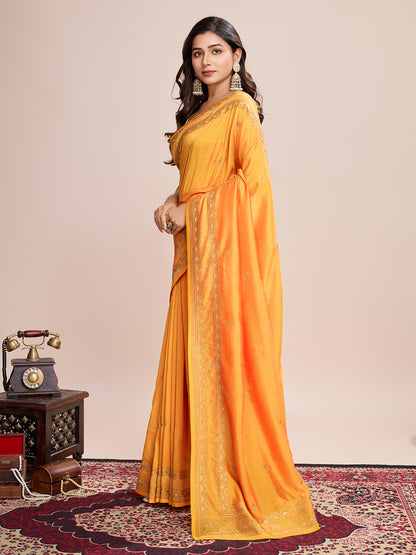 Fancy Yellow Soft Vichitra Silk Saree With Embroidery Work
