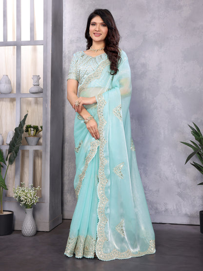 Sky Blue Fancy Shimmer Chiffon Saree With Embroidery Work