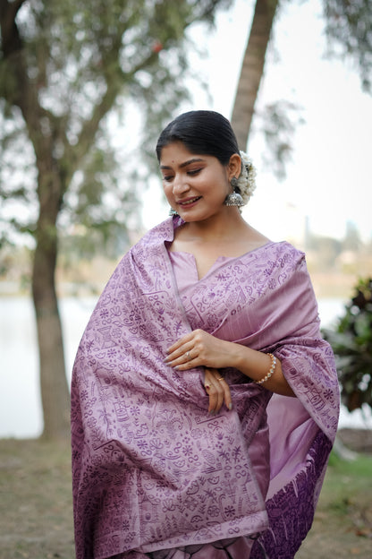 Lavender Handloom Raw Silk Saree With Contrast Weaving Work