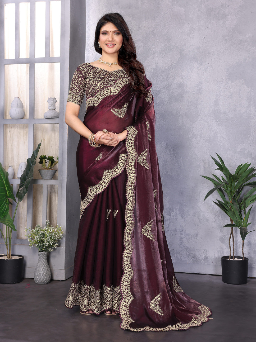 Wine Fancy Shimmer Chiffon Saree With Embroidery Work