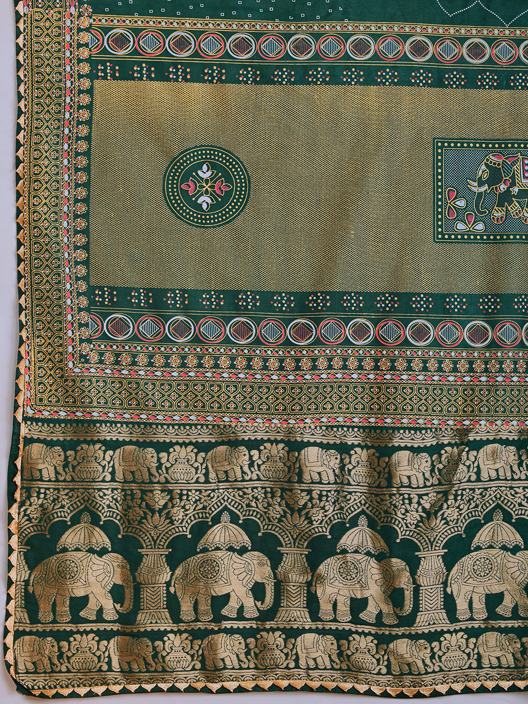 Green Stylist Soft Cotton Saree With Unique Table Printed & Lace Border