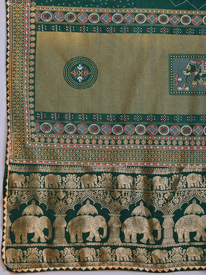 Green Stylist Soft Cotton Saree With Unique Table Printed & Lace Border