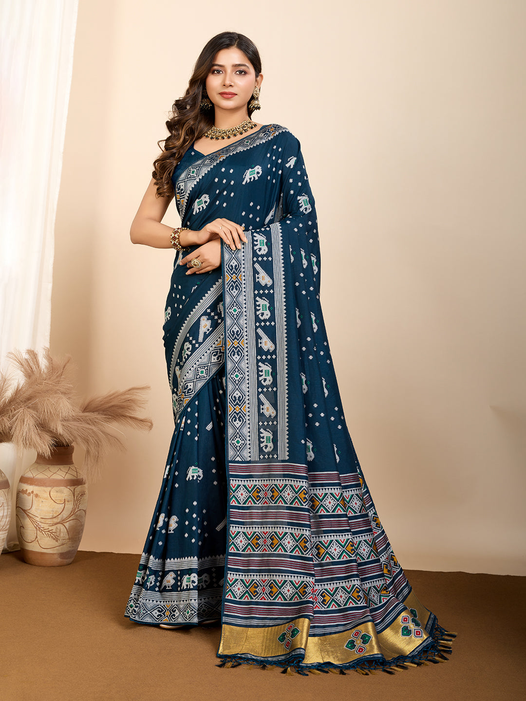 Traditional Muslin Dola Silk Saree With Meenakari Zari Weaving Work