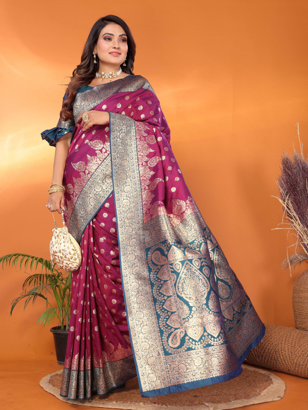 Wine Traditional Banarasi Silk Saree With Zari Weaving Work
