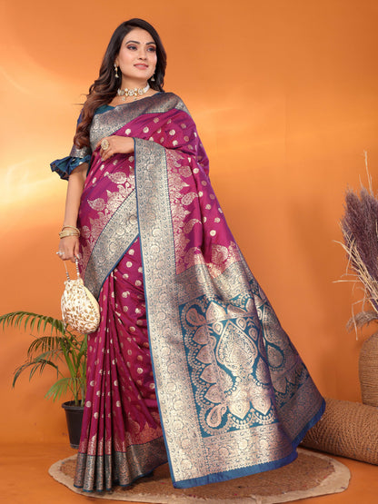 Wine Traditional Banarasi Silk Saree With Zari Weaving Work