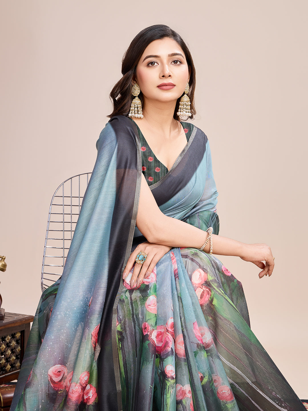 Gray Soft Linen Cotton Saree With Floral Printed Work