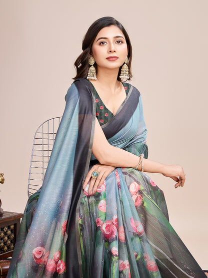 Gray Soft Linen Cotton Saree With Floral Printed Work