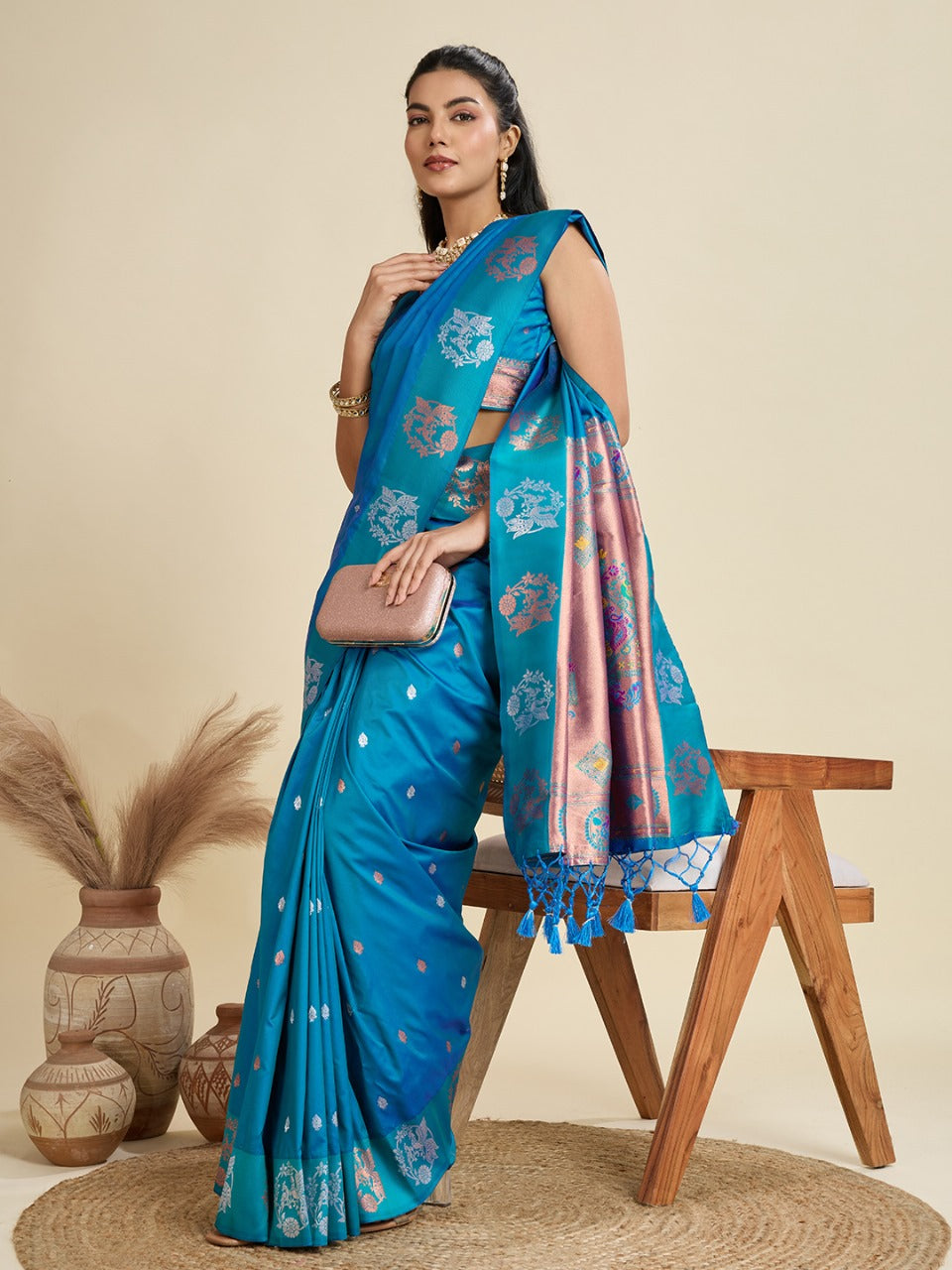 Firoji Kanjivaram Silk Saree With Zari Weaving Butta Border & Designer Rich Paithani Pallu