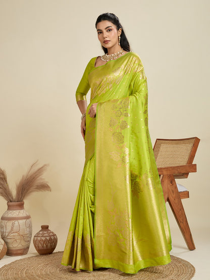 Parrot Green Kanjivaram Silk Saree With Zari Weaving Border & Designer Rich Pallu
