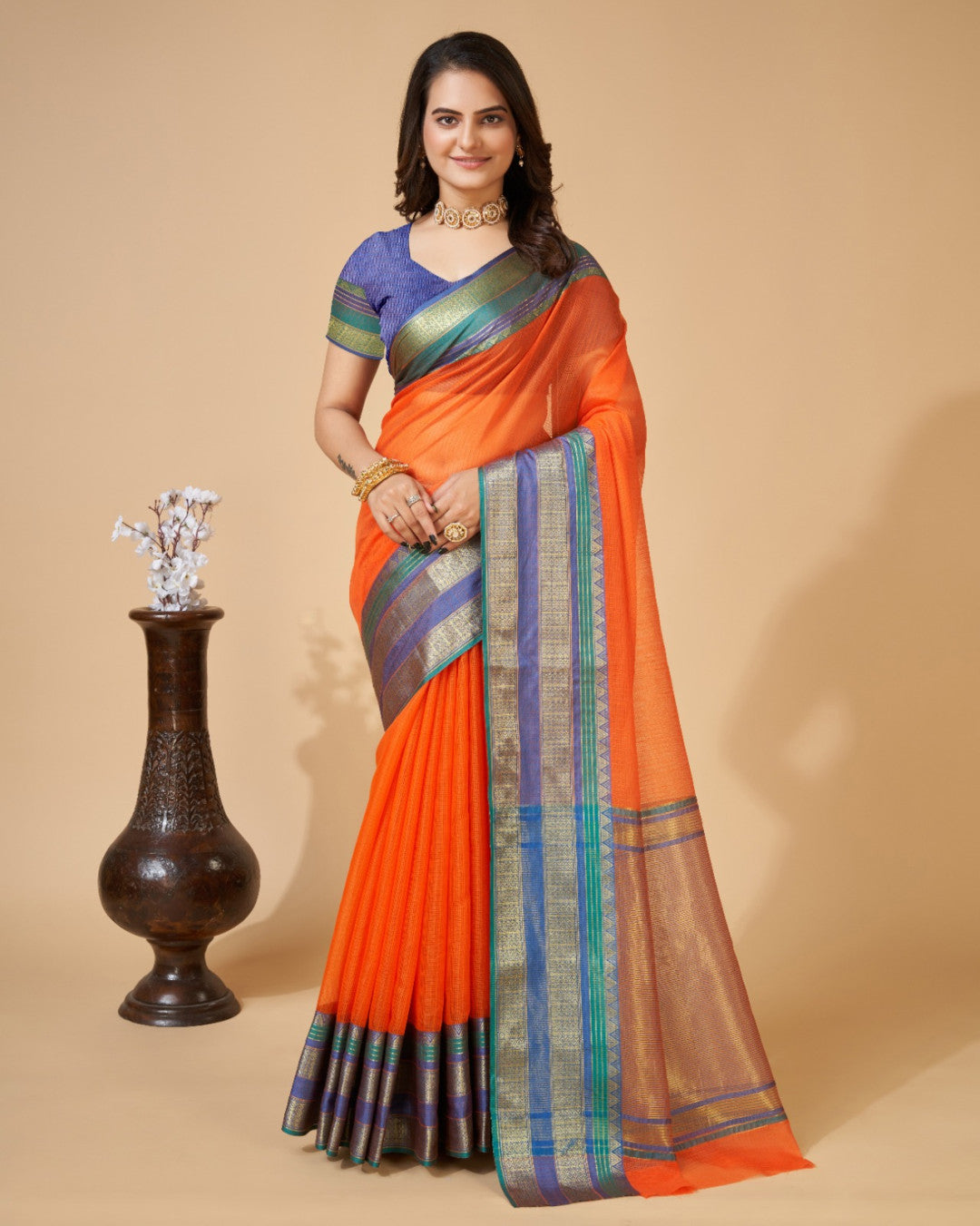 Orange Color Kota Doriya Saree With Zari Weaving Work