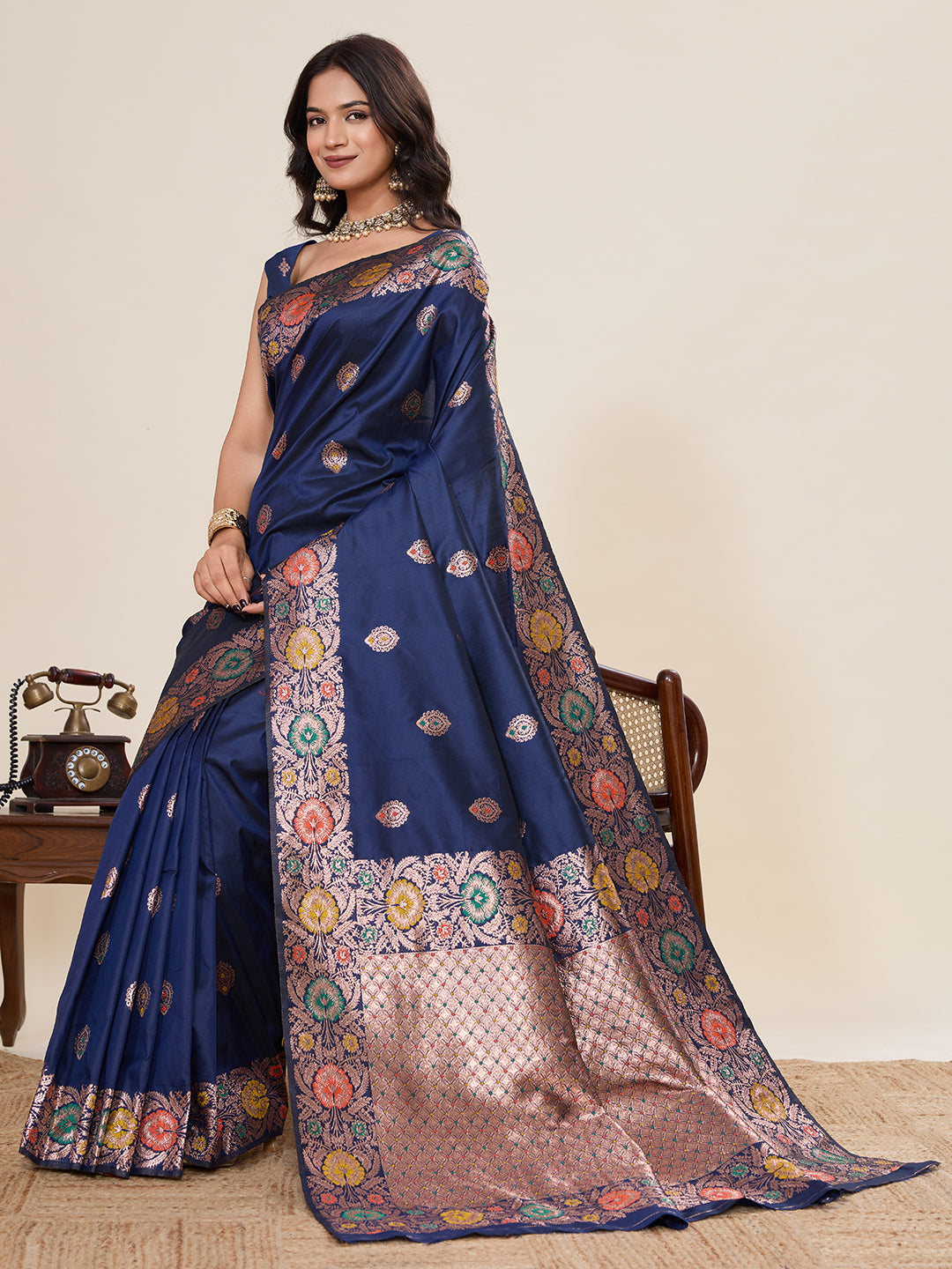 Traditional Navy Blue Color Jacquard Silk Saree With Zari Work