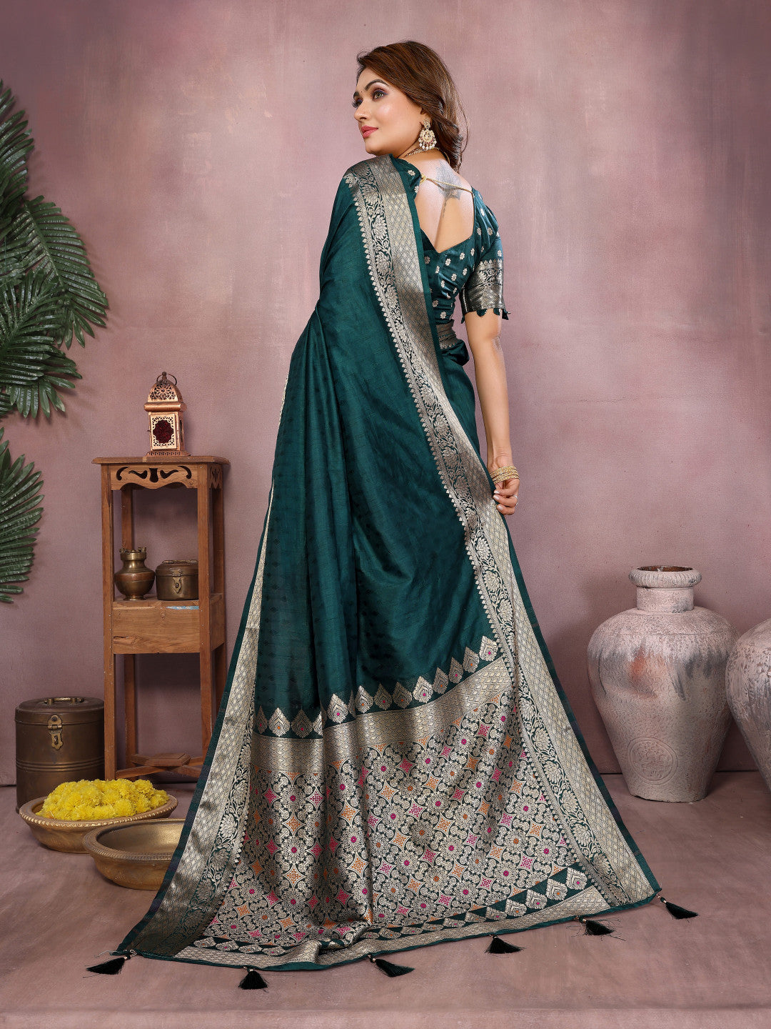 Rama Green Premium Dola Silk Saree With Meenakari Weaving Work