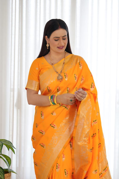 Yellow Pure Soft Banarasi Saree With Meenakari Weaving Work