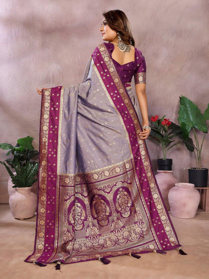 Lavender Traditional Banarasi Silk Saree With Zari Weaving Work