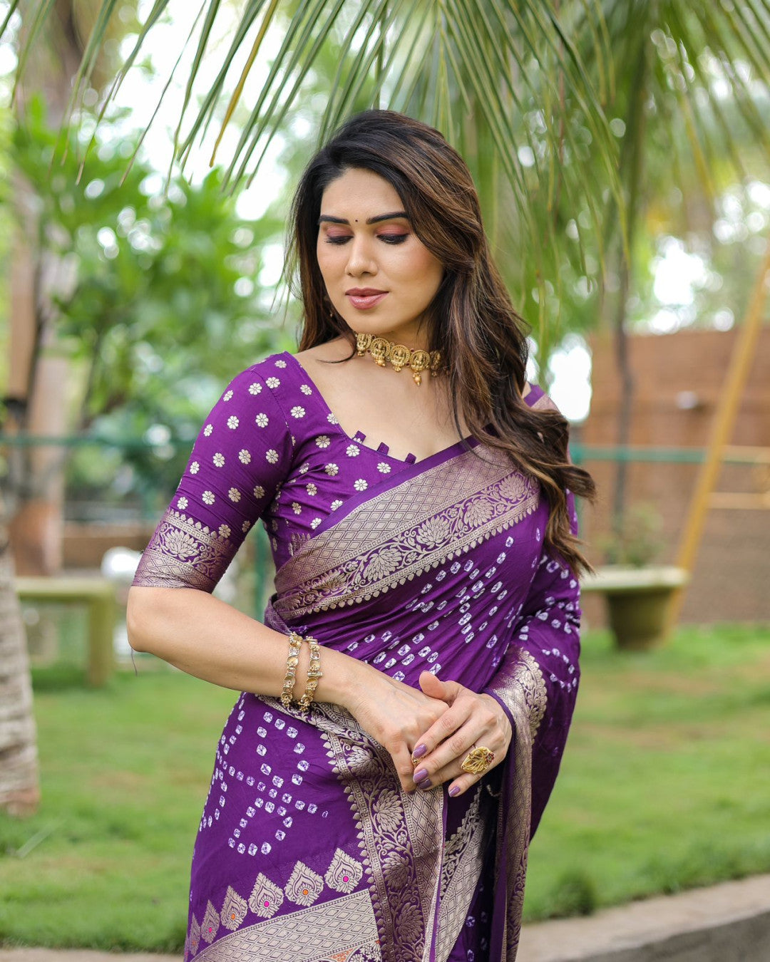 Purple Color Hand Bandhej Silk Saree With Zari Weaving Work