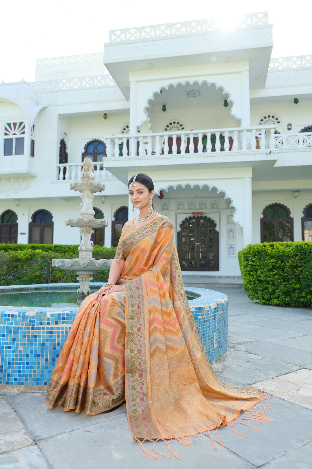 Orange Color Soft Organza Silk Saree With Zari Weaving Work