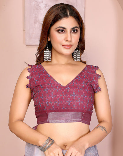 Lavender Linen Cotton Saree With Digital Printed Work And Silver Zari Border