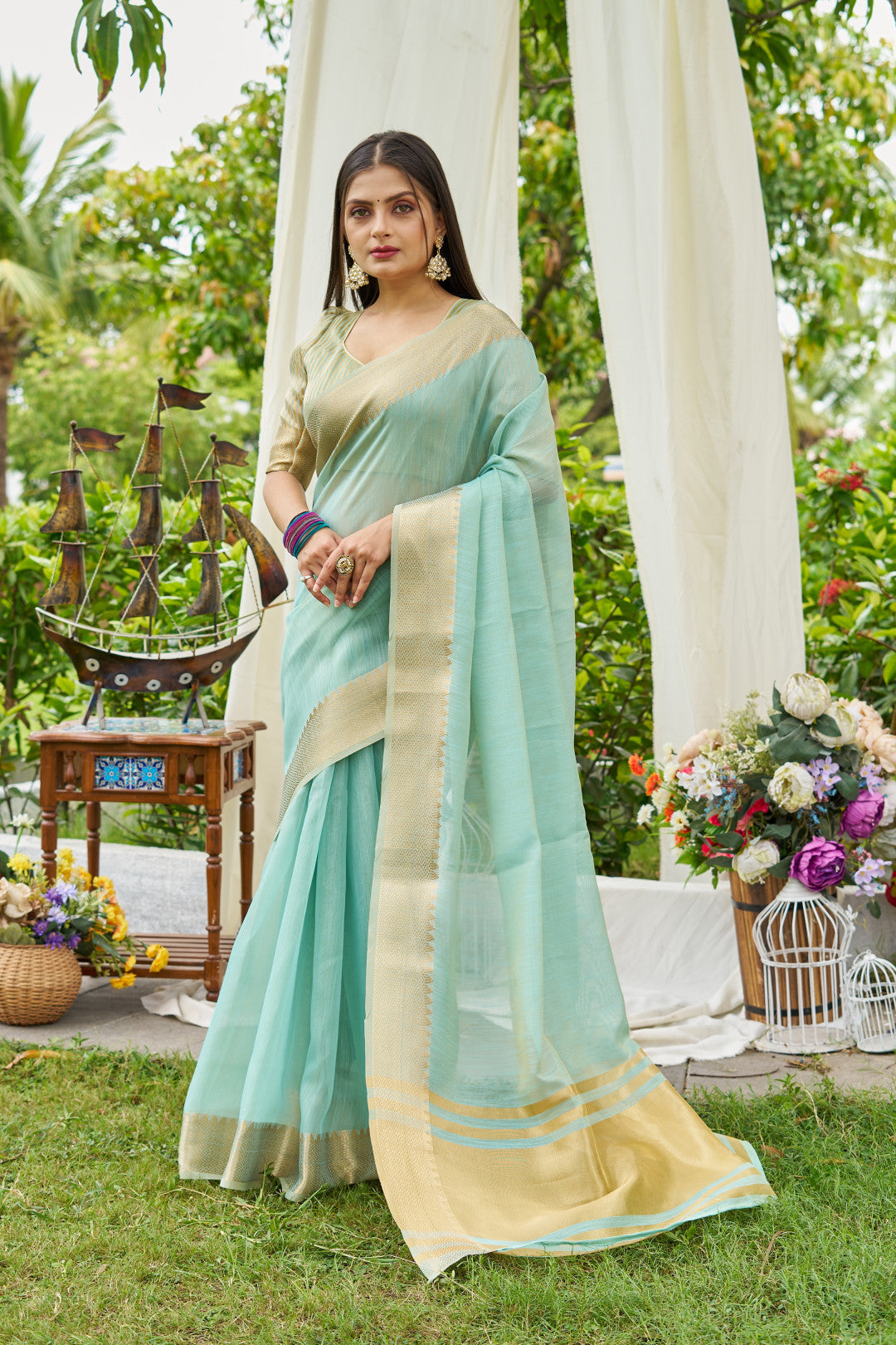 Sky Blue Color Linen Cotton Saree With Zari Weaving Border