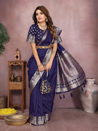 Navy Blue Premium Dola Silk Saree With Meenakari Weaving Work