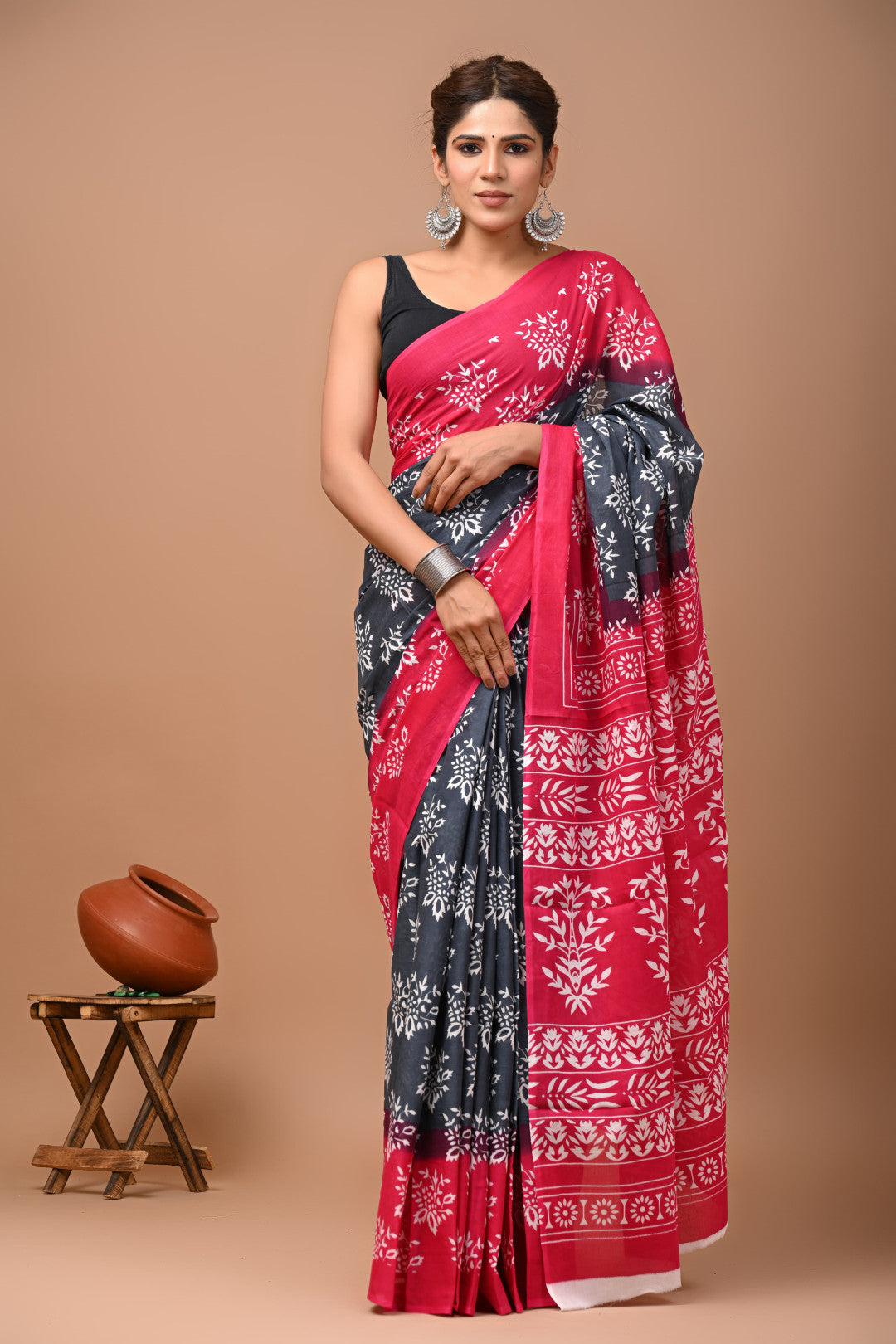 Multi Pure Mulmul Cotton Saree With Bagru Hand Block Printed Work