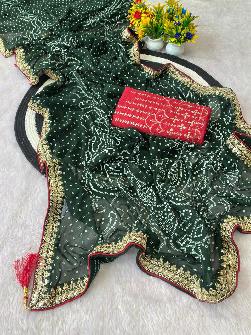 Green Color Georgette Bandhani Saree With Foil Print Work