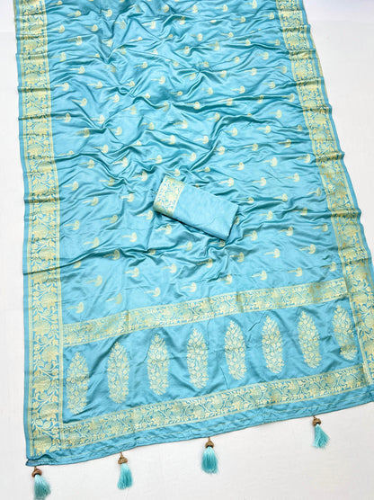 Sky Blue Color Soft Viscose Satin Silk Saree With Zari Weaving Work