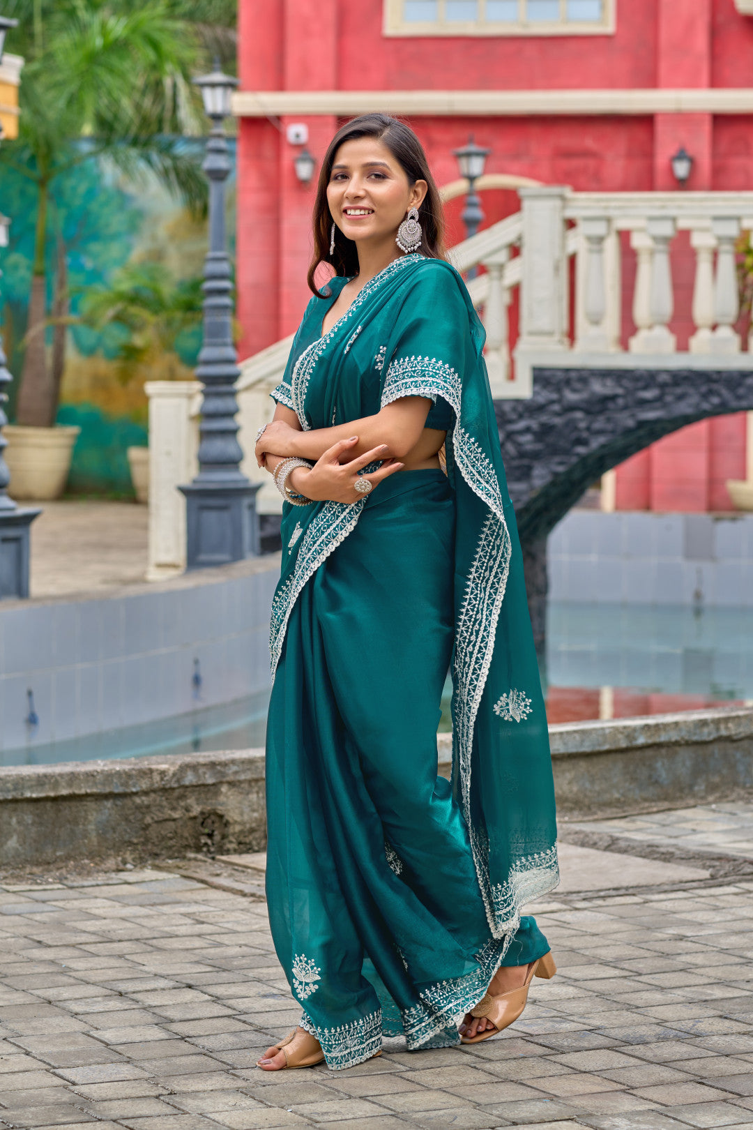 Rama Green Fancy Shimmer Chiffon Saree With Embroidery Work