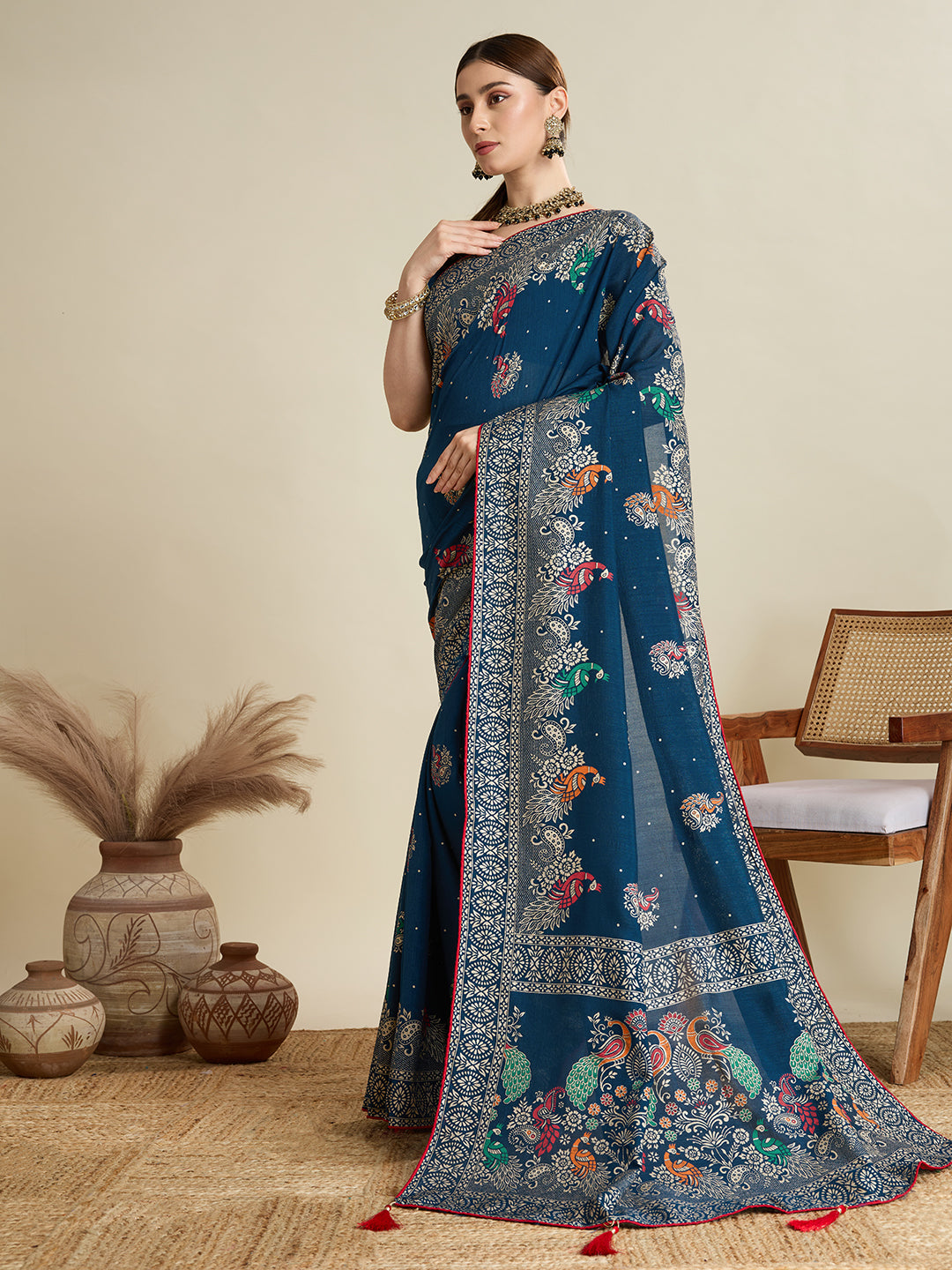 Navy Blue Cotton Saree With Table Printed And Foil Work With Pipeing Border