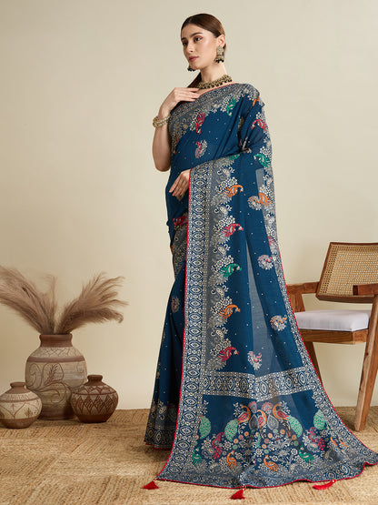 Navy Blue Cotton Saree With Table Printed And Foil Work With Pipeing Border