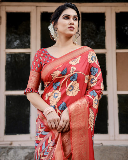 Red Digital Kalamkari Printed Tussar Silk Saree With Zari Motif Border