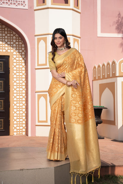 Yellow Cotton Ikkat Silk Saree With Zari Woven Work