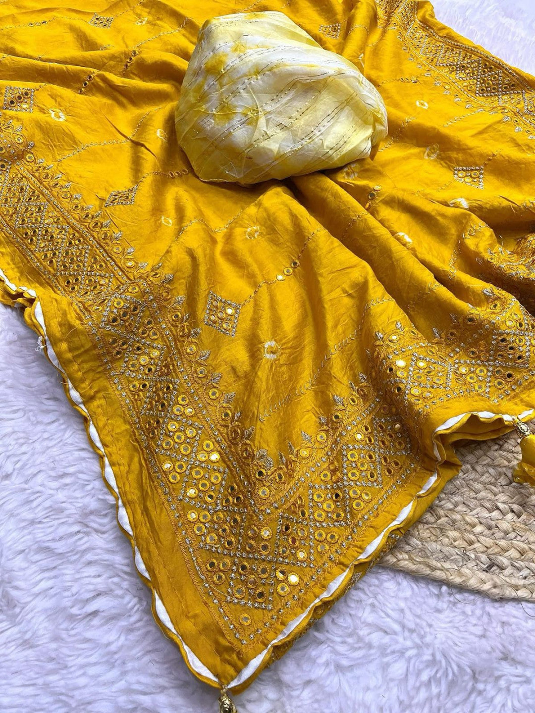 Yellow Soft Cotton Saree With Mirron & Thread Work
