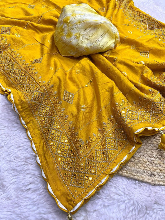 Yellow Soft Cotton Saree With Mirron & Thread Work