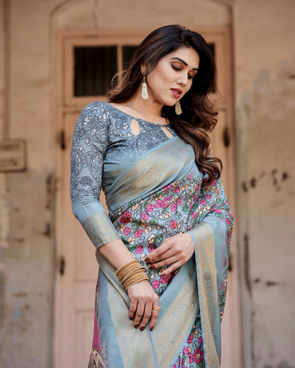 Multi Kalamkari Digital Printed Dola Silk Saree With Gold Zari Border