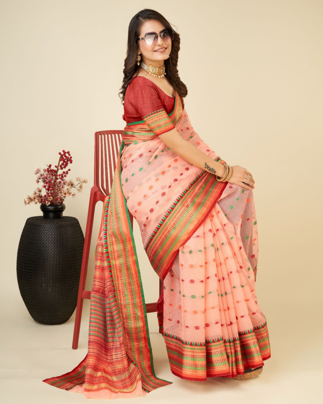 Peach Color Kota Doriya Saree With Zari Weaving Work